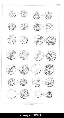 Alte Briten Münzen aus dem Buch "die Münzen der alten Briten" von John Evans, Sir, und gestochen von Frederick William Fairholt und P. Sellier, Verlag London : B. Quaritch 1864 Stockfoto