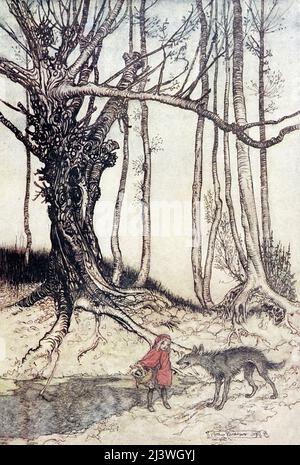 Als sie in den Wald kam, traf sie einen Wolf aus dem Buch „Hänsel & Grethel : & Other Tales“ von Jacob Grimm, Wilhelm Grimm, illustriert von Arthur Rackham, Publisher London : Constable & Co., Ltd 1920 Stockfoto