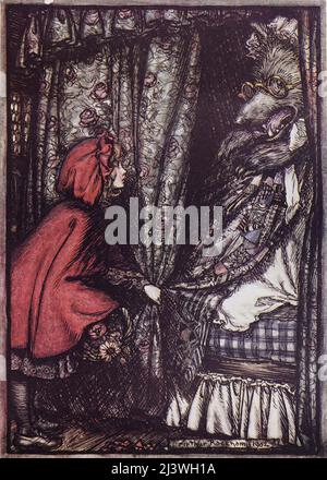 O Großmutter, was für große Ohren ihr habt“, sagte sie aus dem Buch „Rotkäppchen“ aus dem Buch „Hänsel & Grethel : & Other Tales“ von Jacob Grimm, Wilhelm Grimm, illustriert von Arthur Rackham, Publisher London : Constable & Co., Ltd 1920 Stockfoto