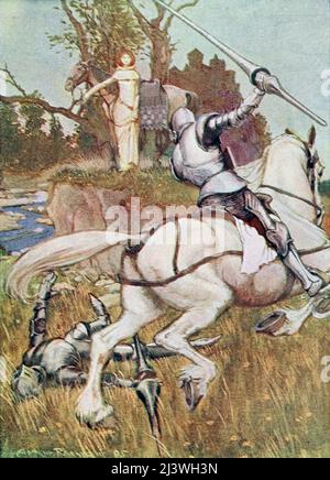 DIESEN RITTER DIENTE ER, ALS ER DEN ANDEREN aus dem Buch „Geschichten von König Arthur“ von Arthur Lincoln Haydon, illustriert von Arthur Rackham, Stockfoto