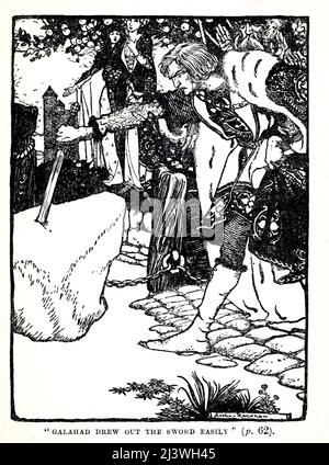 GALAHAD ZOG DIE SWOKD LEICHT aus dem Buch „ Stories of King Arthur “ von Arthur Lincoln Haydon heraus, illustriert von Arthur Rackham, Stockfoto