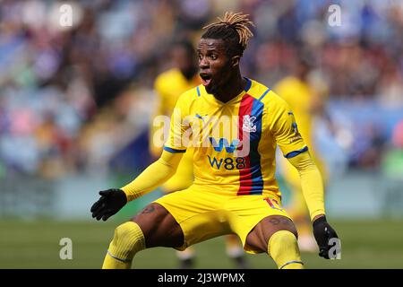 LEICESTER, GROSSBRITANNIEN. APR 10.: Wilfried Zaha von Crystal Palace reagiert während des Premier League-Spiels zwischen Leicester City und Crystal Palace im King Power Stadium, Leicester am Sonntag, 10.. April 2022. (Kredit: James Holyoak | MI News) Kredit: MI Nachrichten & Sport /Alamy Live News Stockfoto