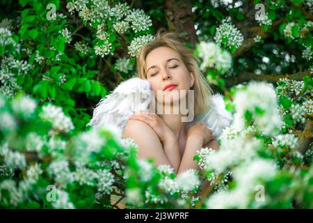 Schöne weibliche Frau mit weißen Flügeln mit weißen Frühlingsblumen. Stockfoto