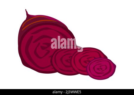 Hälfte und Scheiben Rote Beete isoliert auf weißem Hintergrund. Rote Rübe geschnitten sliced.Organic Garten reif Gemüse-Ikone.Runde Stücke von Rübe.Vektor-Illustration Stock Vektor