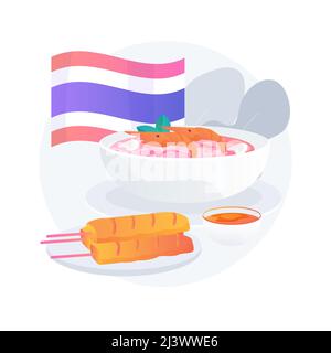 Thai Cuisine abstrakte Konzept Vektor-Illustration. Traditionelles thailändisches Essen, Speisekarte mit orientalischer Küche im Restaurant, würziger Geschmack thailands, asiatisches Rezept, Takeou Stock Vektor