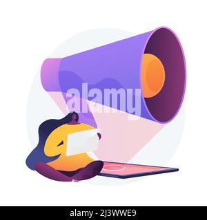 Social Media Marketing. Kampagne zur Publikumsanziehung, Werbegeschäft, öffentliche Bekanntgabe. Internet Influencer mit Megaphon Cartoon-Charakter. Stock Vektor