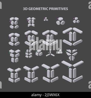 Set von 3D geometrischen primitiven Formen für die Kombination in der Konstruktion. Vektorgrafik. Stock Vektor