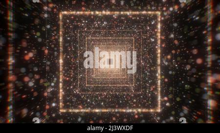 Ein heller Tunnel aus orangefarbenen Quadraten. Bewegung. Eine Abstraktion, in der sich Quadrate auf der Straße befinden, neben der ein heller Glanz auf einem Schwarz fliegt Stockfoto