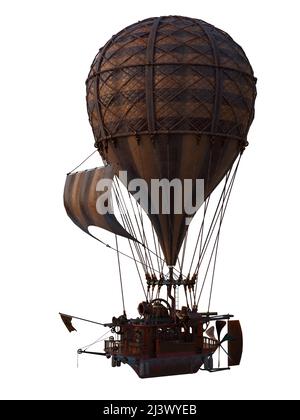Steampunk Heißluftballon. 3D Abbildung isoliert auf weißem Hintergrund mit Beschneidungspfad. Stockfoto