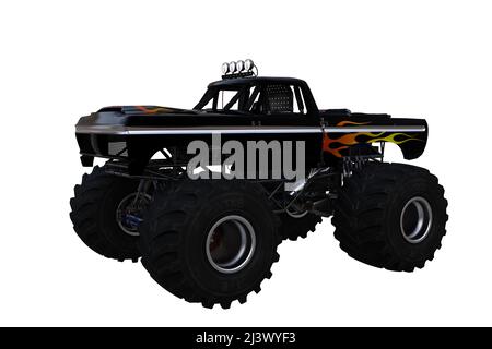 Schwarzer Monstertruck mit orangefarbenen Flammen auf der Seite. 3D Abbildung isoliert auf weißem Hintergrund mit Beschneidungspfad. Stockfoto