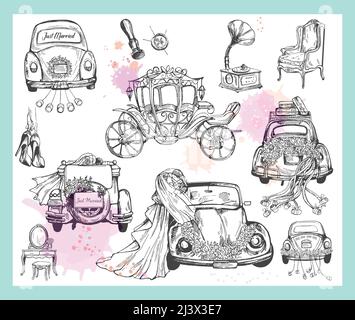 Set von handgezeichneten Skizze Stil Hochzeit Themen Objekte isoliert auf weißem Hintergrund. Vektorgrafik. Stock Vektor
