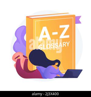 Englisch lernen. Internet Glossar, moderner Wortschatz, Wörterbuch Idee. Übersetzer mit Laptop. Frau sucht Definition online. Vektor ist Stock Vektor