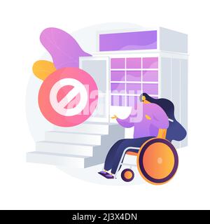Gehweg für behinderte Menschen. Fehlende Bedingungen für Menschen mit Behinderungen. Behinderte Frau im Rollstuhl. Barrierefreie Umgebung, Zugang Stock Vektor
