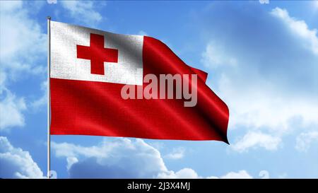 3D Animation der Flagge, die auf dem Hintergrund der sich bewegenden Wolken schwenkt. Bewegung. Schöne Flagge fliegt am Himmel auf Fahnenmast. Flagge der Schweiz Stockfoto