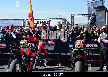 NÂ 19 Alvaro Bautista ESP Ducati Panigale V4R ARUBA.IT Racing - Ducati beim Pirelli Aragon Round - FIM Superbike World Championship 2022 - Superpole Race, World Superbike - SBK in Aragon, Spanien, April 10 2022 Stockfoto