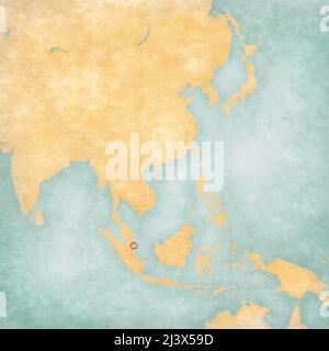 Singapur auf der Karte von Ost- und Südostasien im weichen Grunge- und Vintage-Stil, wie altes Papier mit Aquarellmalerei. Stockfoto