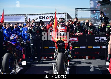 Aragon, Spanien. 10. April 2022. Motorland Aragon, Teruel, Spanien, Aragon, Spanien, 10. April 2022, Nr. 19 Alvaro Bautista ESP Ducati Panigale V4R ARUBA.IT Racing - Ducati während Pirelli Aragon Round - FIM Superbike World Championship 2022 - Superpole Race - World Superbike - SBK Credit: Live Media Publishing Group/Alamy Live News Stockfoto