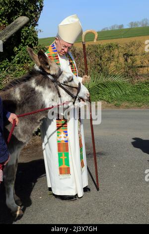 Der Erzbischof von Canterbury spricht zu Beginn der Palmsonntagsprozession durch Brabourne zur Marienkirche, Brabourne, Ashford, K, mit einem Esel Stockfoto