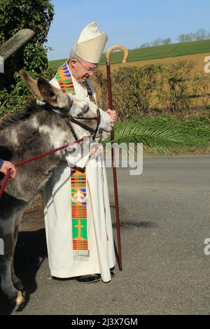Der Erzbischof von Canterbury, Justin Welby, mit einem Esel vor der Prozession zur Marienkirche im Rahmen des Palmsonntagsgottesdienstes, East Brabourne Stockfoto