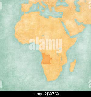 Angola auf der Landkarte von Afrika in sanftem Grunge- und Vintage-Stil, wie altes Papier mit Aquarellmalerei. Stockfoto