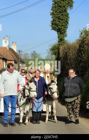 Der Erzbischof von Canterbury, Justin Welby, mit Eseln und Pfarrern, die im Rahmen der Palmsonntagsprozession Brabou durch East Brabourne marschierten Stockfoto