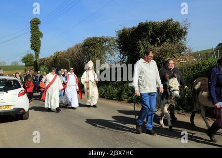 Der Erzbischof von Canterbury, Justin Welby, der im Rahmen der Palmsonntagsprozession durch East Brabourne zieht, Brabourne, Kent, England, United Ki Stockfoto