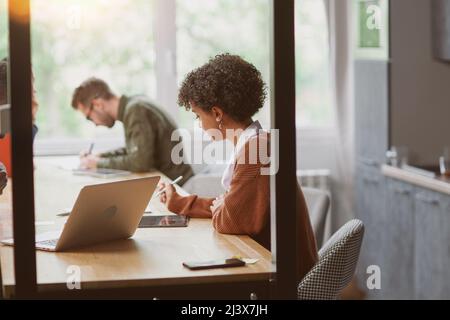 Das multinationale Business-Team arbeitet in einer modernen Halle der Kuhhirten Stockfoto