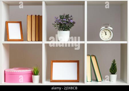 Weiße Holzregale mit Büchern und Blumen in einem Topffotorahmen. Innenausstattung, Dekorelemente. Stockfoto