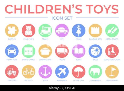 Rundes Kinderspielzeug-Icon-Set mit Puzzle, Plüsch, Zug und Auto, Brettspiel, Puppen, Kunst und Handwerk, Bausätze, Kochen, Schiff, LKW, Buch, Balls Stock Vektor