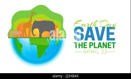 Earth Day Save the Planet isolierte Vektor-Illustration mit Globus und afrikanischen Tieren. Löwe, Giraffe, Elefantendesign Stock Vektor