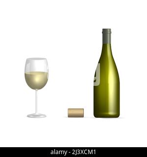 Flasche, Glas und Korken aus Weißwein. Vorderansicht, Vektorgrafik. Stock Vektor