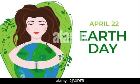 Earth Day Vektor Illustration mit einem Mädchen hält den Globus Planet in den Händen mit grünen Pflanzen Stock Vektor