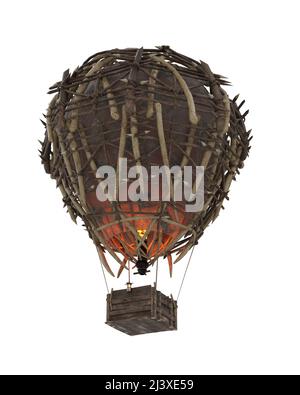 Fantasy mittelalterlicher Heißluftballon aus Holz, Tierhaut und Knochen, von unten gesehen. 3D Darstellung isoliert auf weißem Hintergrund mit Beschneidungspfad. Stockfoto