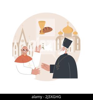 Interreligiöser Dialog abstrakte Konzept Vektor Illustration. Verschiedene Traditionen, religiöse Symbole, Mitglieder Interaktion, orthodoxe Kirche, Handschlag, Stock Vektor