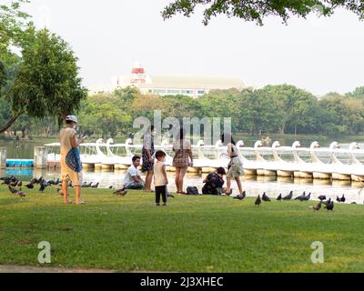 Freizeit-, Picknick- und People-Konzept - Freunde hängen sich im Sommerpark ab und unterhalten sich im Freien. Öffentlicher Park Suan Luang Rama IX, Bangkok, Thailand Stockfoto