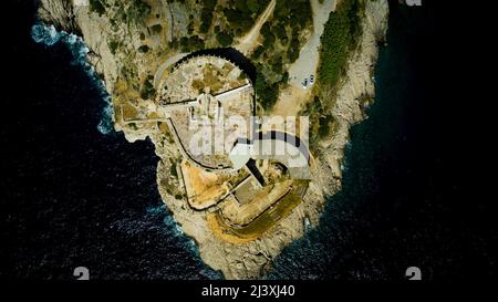 Luftaufnahme der Festung Prevlaka, Kap Ostro, in der Nähe von Dubrovnik, Prevlaka, Kroatien Stockfoto