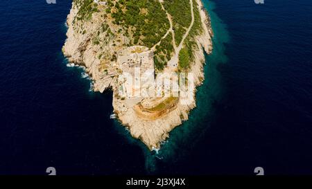 Luftaufnahme der Festung Prevlaka, Kap Ostro, in der Nähe von Dubrovnik, Prevlaka, Kroatien Stockfoto