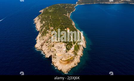 Luftaufnahme von Prevlaka und Festung, Kap Ostro, Prevlaka, Kroatien Stockfoto