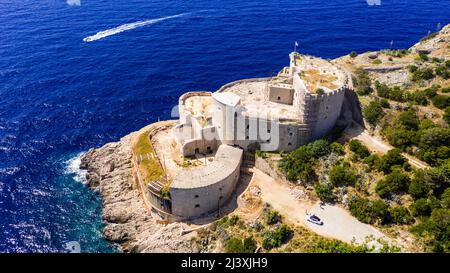 Luftaufnahme der Festung Prevlaka, Kap Ostro, in der Nähe von Dubrovnik, Prevlaka, Kroatien Stockfoto