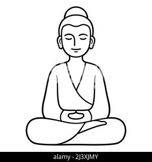 Einfache und minimale Buddha-Statue in Meditation sitzend, Zen-buddhistische Tradition. Schwarz-Weiß-Linienzeichnung, isolierte Vektordarstellung. Stock Vektor