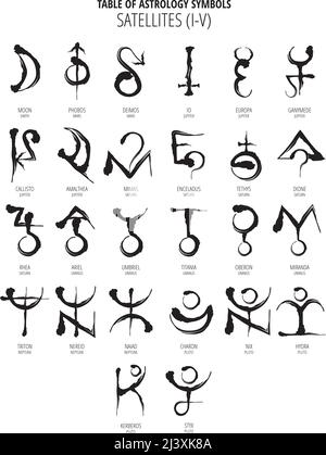 Tabelle der Astrologie Symbole: Handgezeichnete Satelliten I-V Hieroglyphe Stock Vektor
