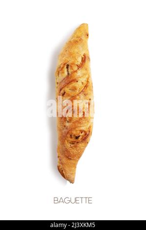 Isolierte Hand machte frisches knackiges französisches Baguette auf weißem Hintergrund mit Inschrift Baguettes. Hausgemachtes natürliches Weizenbrot. Gesunde natürliche Prod Stockfoto