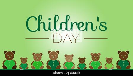 Kindertag Hintergrundillustration in Grün mit Bärenspielzeug Stock Vektor