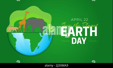 Earth Day Save the Planet Illustration mit Globus und Tieren. Löwe, Giraffe, Elefantendesign auf grünem Hintergrund Stock Vektor