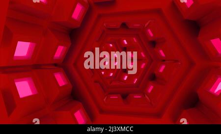 3D-Loop-Animation mit sechseckiger Tunnelform oder Sci-Fi-Korridor. Design. Futuristisches Interieur mit Neonlicht und dynamischem Flug durch den Tunnel. Stockfoto