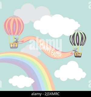 Osterhasen fliegen mit Regenbogen in einem Ballon zwischen den Wolken über den Himmel und halten ein am Himmel gestrecktes Banner mit der Aufschrift Frohe Ostern. Stock Vektor