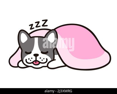 Niedliche Cartoon Französisch Bulldogge schlafen unter rosa Decke. Liebenswert kawaii Hund handgezeichnete Doodle. Isolierte Vektor-Clip-Art-Illustration. Stock Vektor