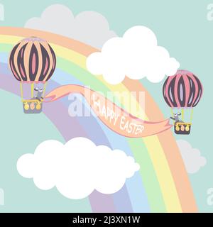 Osterhasen fliegen mit Regenbogen in einem Ballon zwischen den Wolken über den Himmel und halten ein am Himmel gestrecktes Banner mit der Aufschrift Happy EAS Stock Vektor