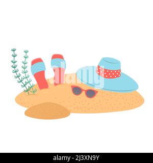 Hallo Sommer Satz von Elementen auf Sand, Vektor Stock Vektor