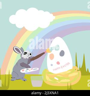 Ein Osterhase malt vor dem Hintergrund von Regenbögen und Wolken ein Asterei mit Pastellfarben. Happy Easter Vektor isoliert niedlichen Illustration in der Vergangenheit Stock Vektor
